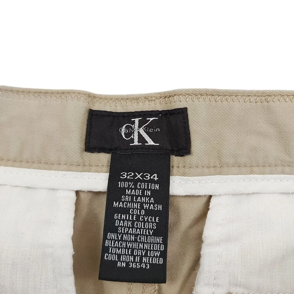 Calvin Klein Pants Mens 32x34 Beige Button Flat Front Straight Chinos Cotton